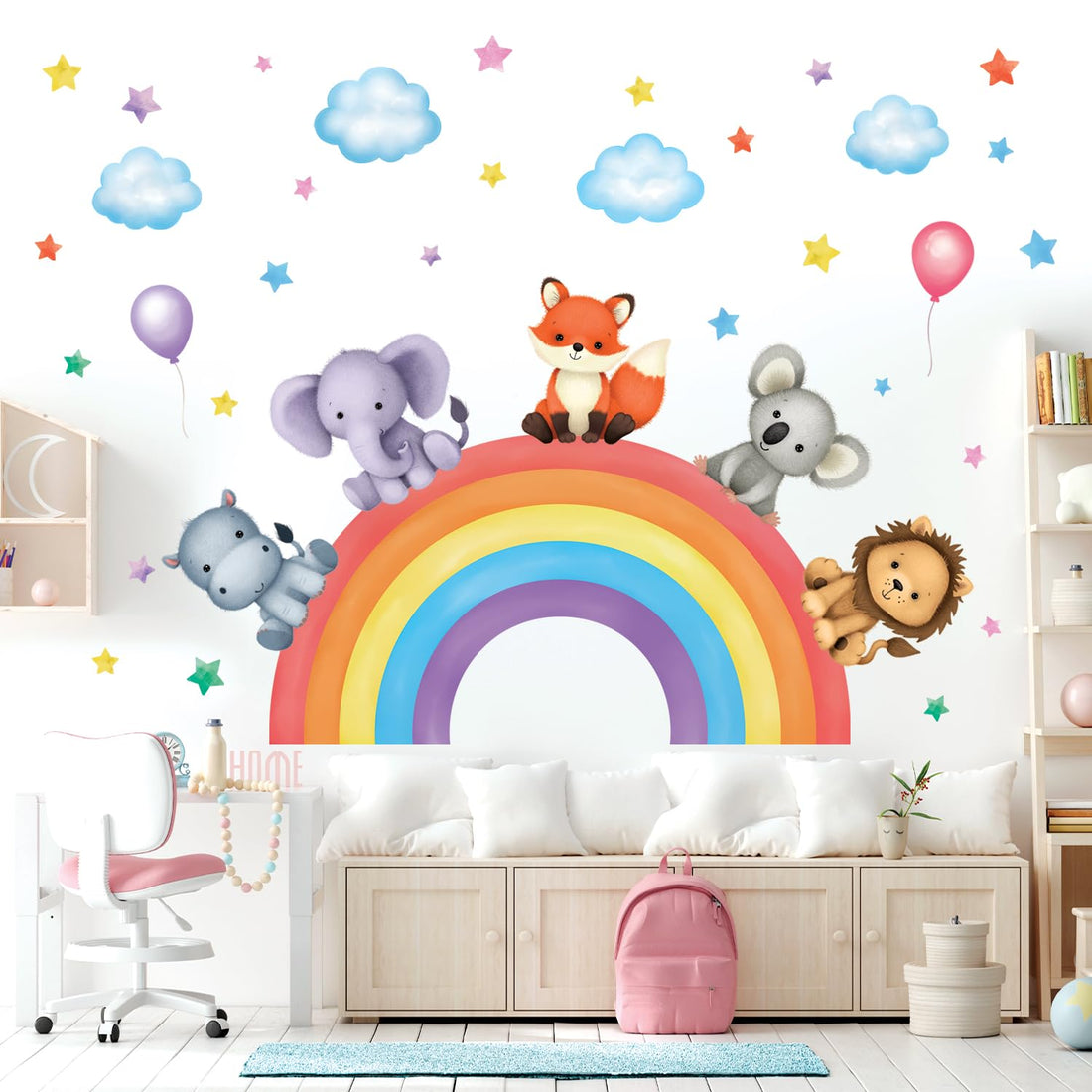 DECOWALL SG3-2318 Baby Animals on Rainbow Wall Stickers Decals Art décor Kids Living Nursery Removable Room Safari Jungle Girls Boys