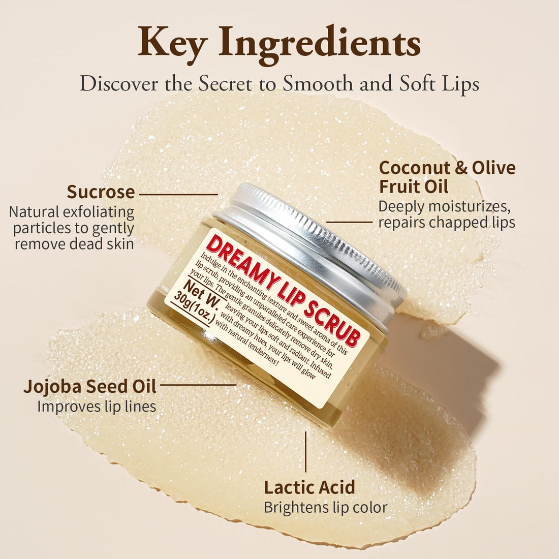 EJW Nourishing Lip Scrub - Infused with Coconut Oil, Olive Fruit Oil, and Jojoba Seed Oil, 1.05oz - Exfoliate, Hydrate, and Glow for Chapped Dry, Dark Lips
