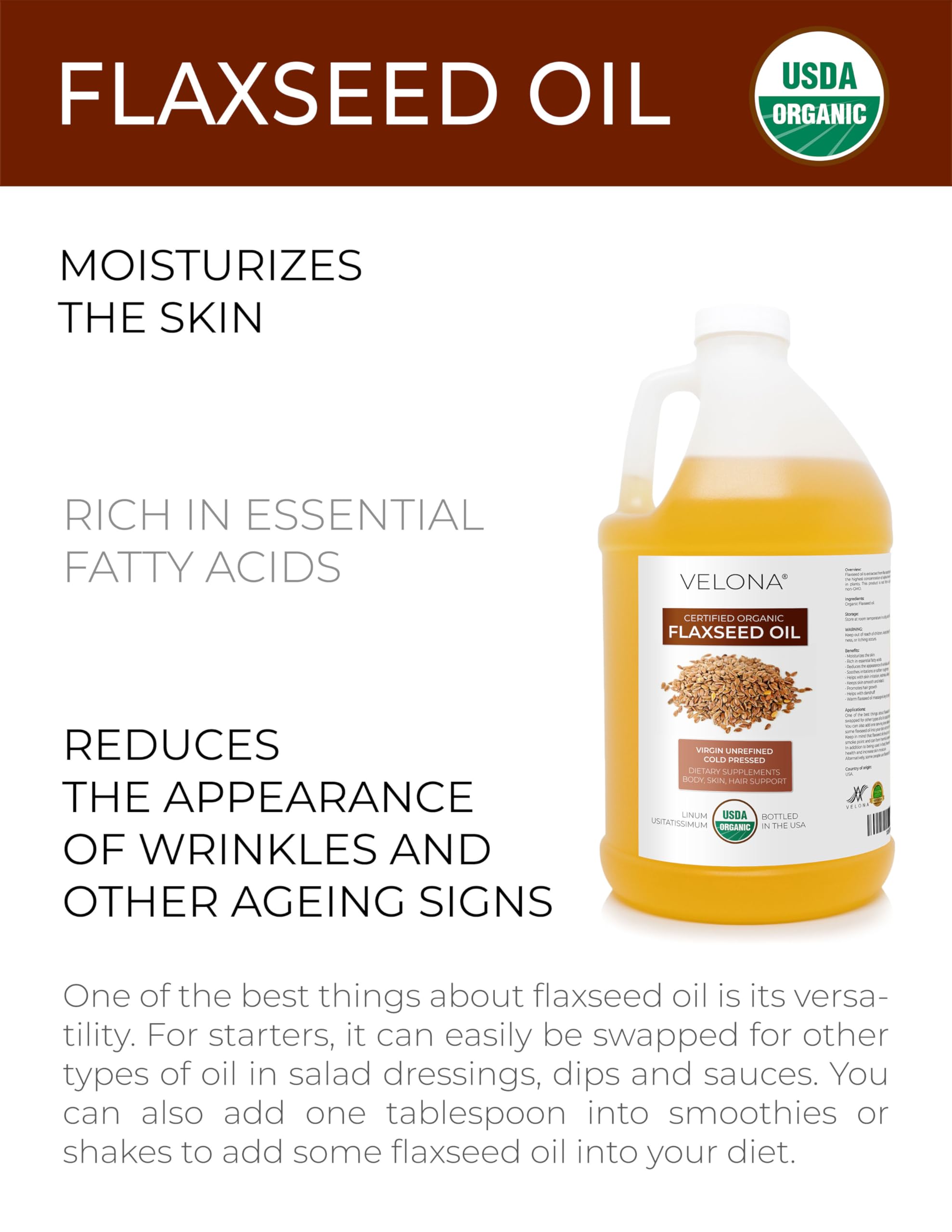 velona USDA Certified Organic Flaxseed Oil - 64 oz | 100% Pure and Natural Carrier Oil | Unrefined, Cold Pressed