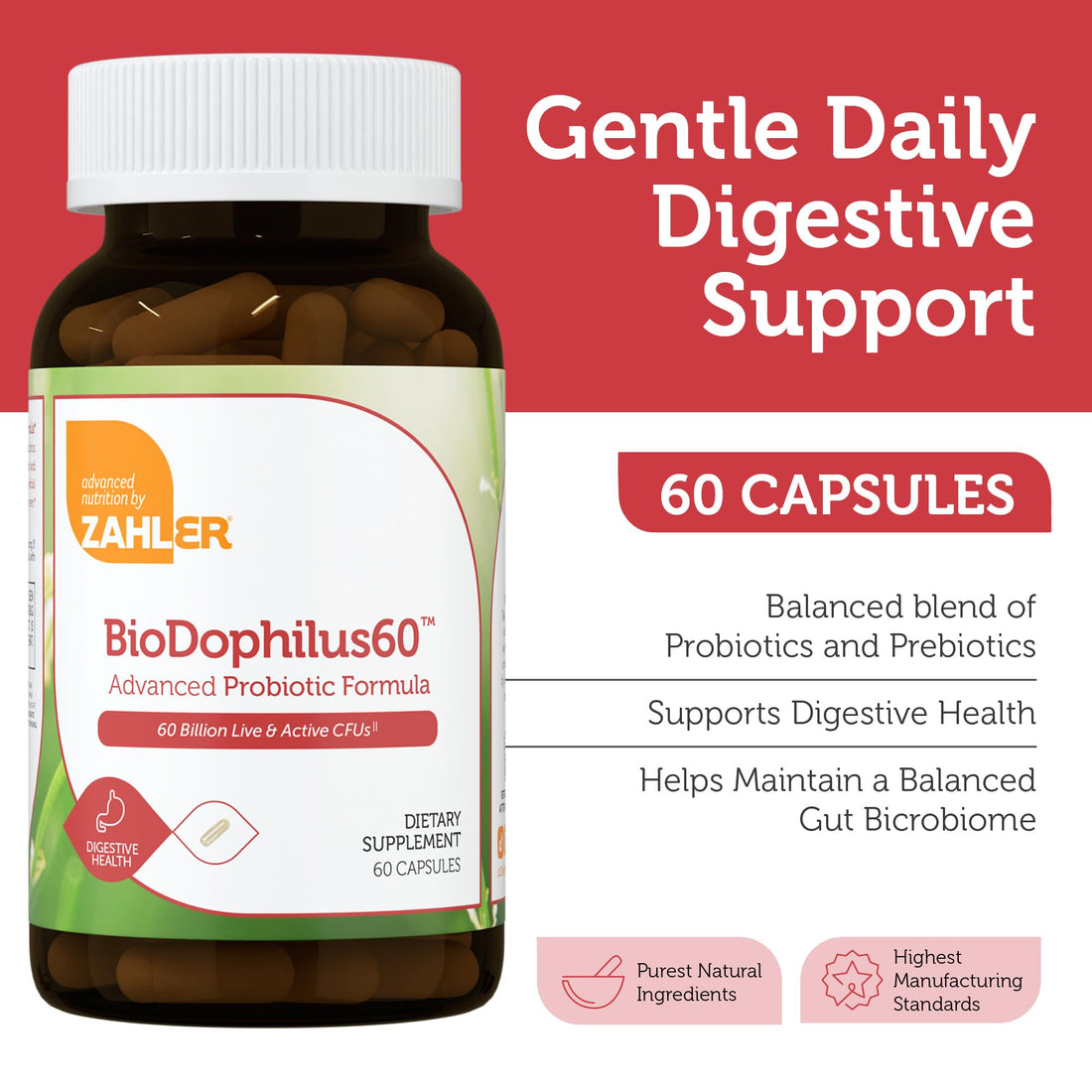 Zahler BioDophilus60, 60 Billion CFU Probiotic + Prebiotic - 11 Strains Daily Probiotic Supplement - Kosher Probiotics for Women for Digestive Health, Probiotics for Men for Gut Health (60 Capsules)