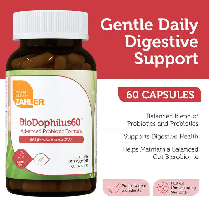 Zahler BioDophilus60, 60 Billion CFU Probiotic + Prebiotic - 11 Strains Daily Probiotic Supplement - Kosher Probiotics for Women for Digestive Health, Probiotics for Men for Gut Health (60 Capsules)