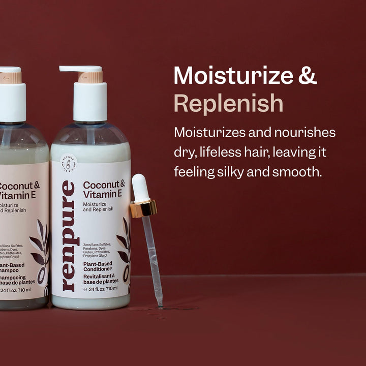 Renpure Plant Based Coconut and Vitamin E Moisturize and Replenish Conditioner - Ideal for Dry, Lifeless Hair - Leaves Hair Silky and Smooth - Paraben Free - Recyclable, Pump Bottle Design - 24 fl oz