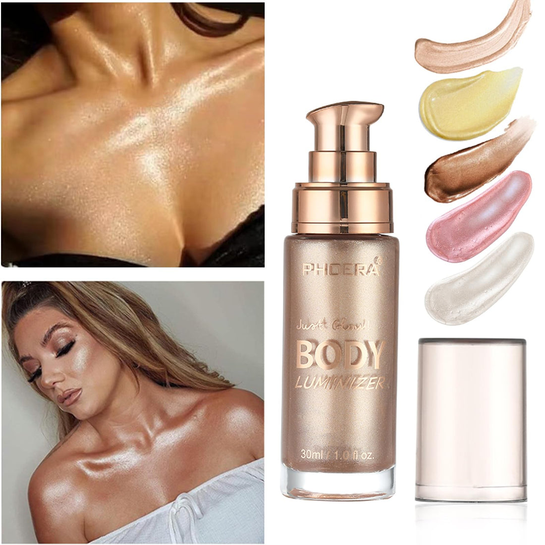 Body Shimmer Oil, Rose Gold Natural Glow Luminizer, Long Lasting Waterproof Moisturizing Liquid Illuminator Highlighter Makeup for a Sun-Kissed Glow, Brush Include, 1oz, Light Medium