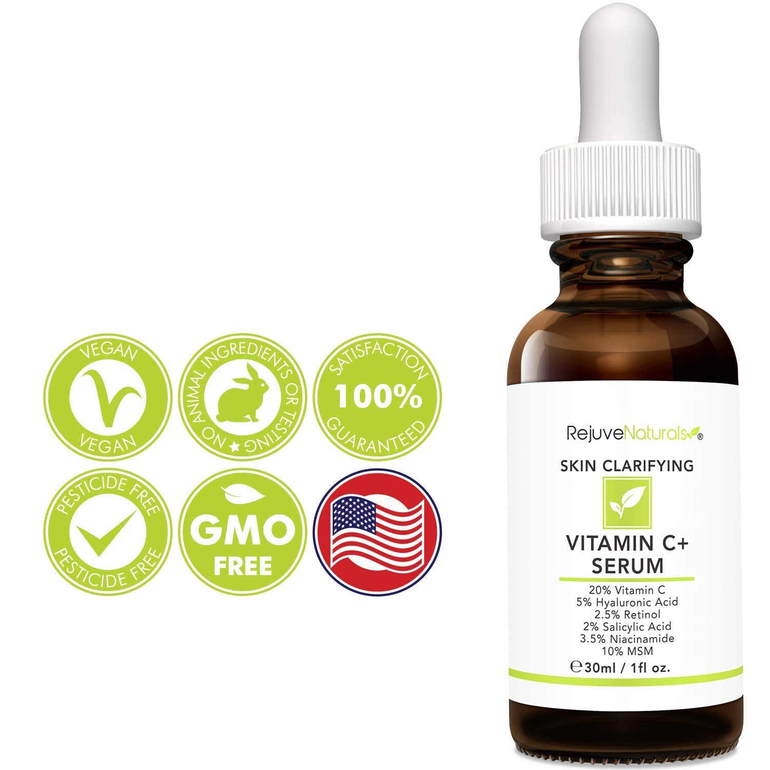 Vitamin C Serum Plus 5% Hyaluronic Acid, 2% Retinol, 2% Salicylic Acid, 3.5% Niacinamide, 10% MSM, 20% Vitamin C - Anti Aging Anti Wrinkle Skin Clearing Serum Organic Skin Care for Face and Eyes (1oz)