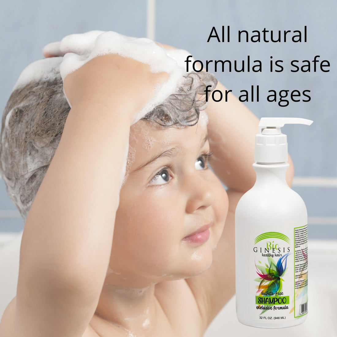 Ginesis Bio Healthy Hair Sulfate Free Shampoo. Stop dry scalp itching flaking unsightly yellowing of gray hair and other hair and scalp problems caused by chemicals. Everyone can benefit from Ginesis Chemical-Free Shampoo including children transplan