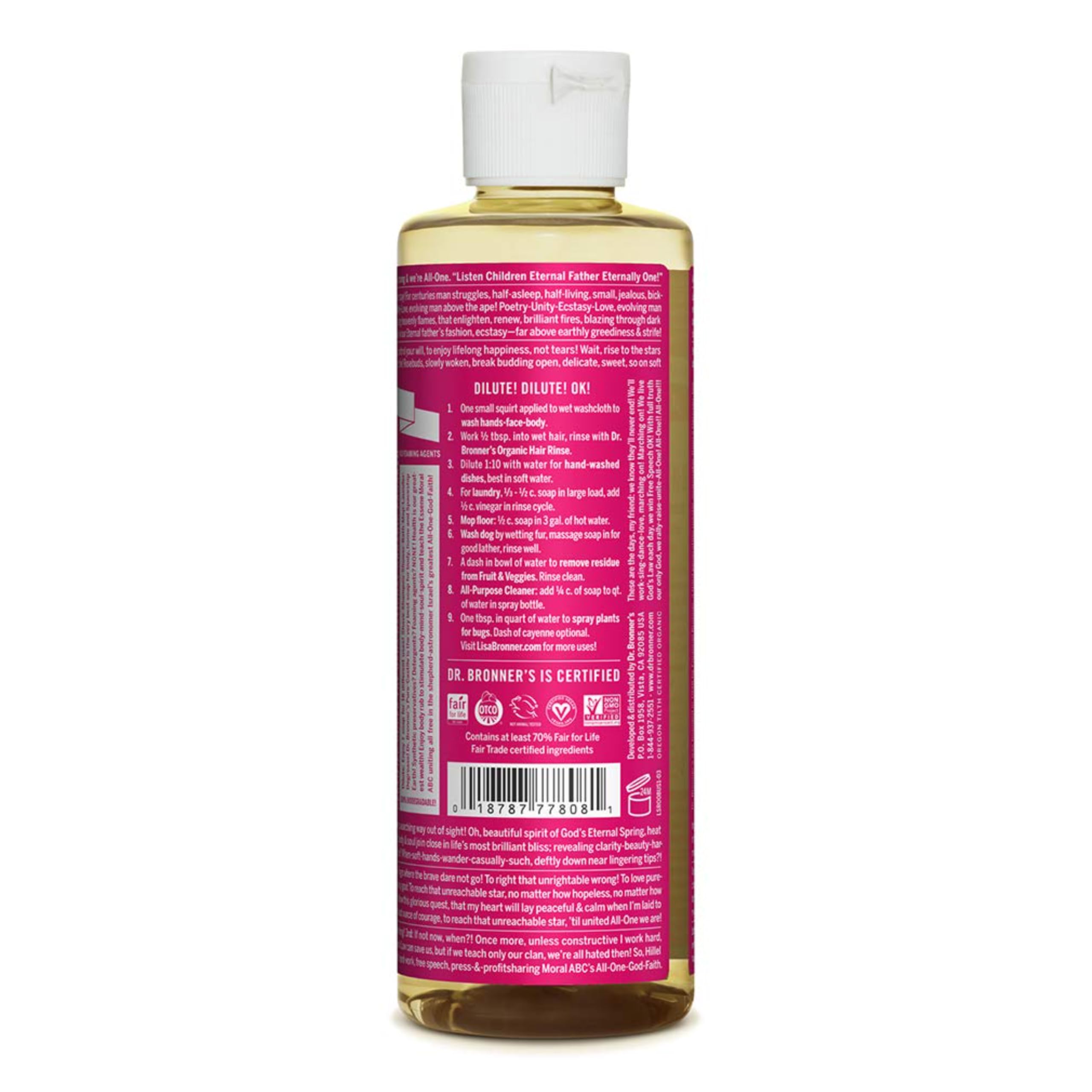 Dr. Bronnerââ‚¬â„¢s - Pure-Castile Liquid Soap (Rose) - Made with Organic Oils, 18-in-1 Uses: Face, Body, Hair, Laundry, Pets & Dishes, Concentrated, Vegan, Non-GMO (8 Fl Oz)