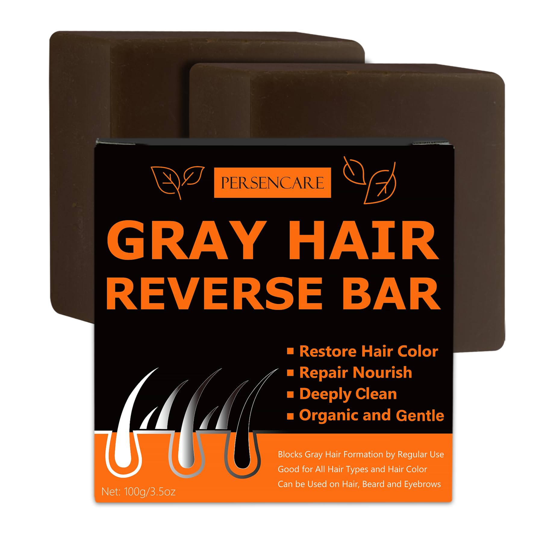 VAEYAE Natural Gray Hair Reverse Bar, Men & Women Bar Shampoo and Conditioner Cover Grey, Hair Thickening & Darkening Black Soap, for Reducing Thinning Hair Loss, Polygonum Castor Oil Bars 2 Pcs