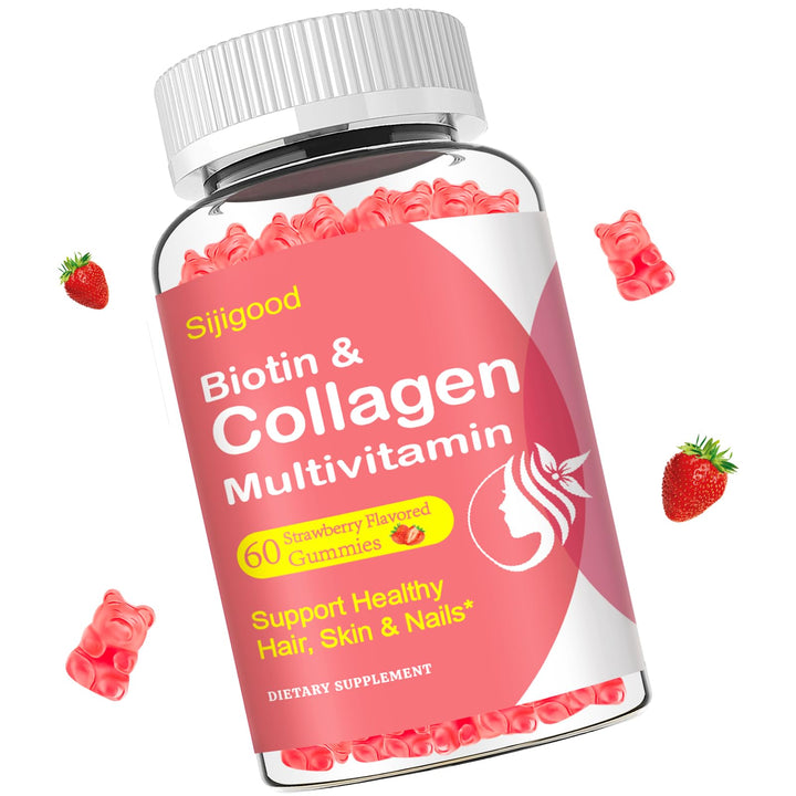 Collagen Gummies for Women Men, Women Over 50, Collagen Peptides Protein Type I,II,III,V,X with Biotin Keratin Vitamin C A B6 B12 D E for Skin Hair Nails Immunity Energy 60 Strawberry Flavored Gummies