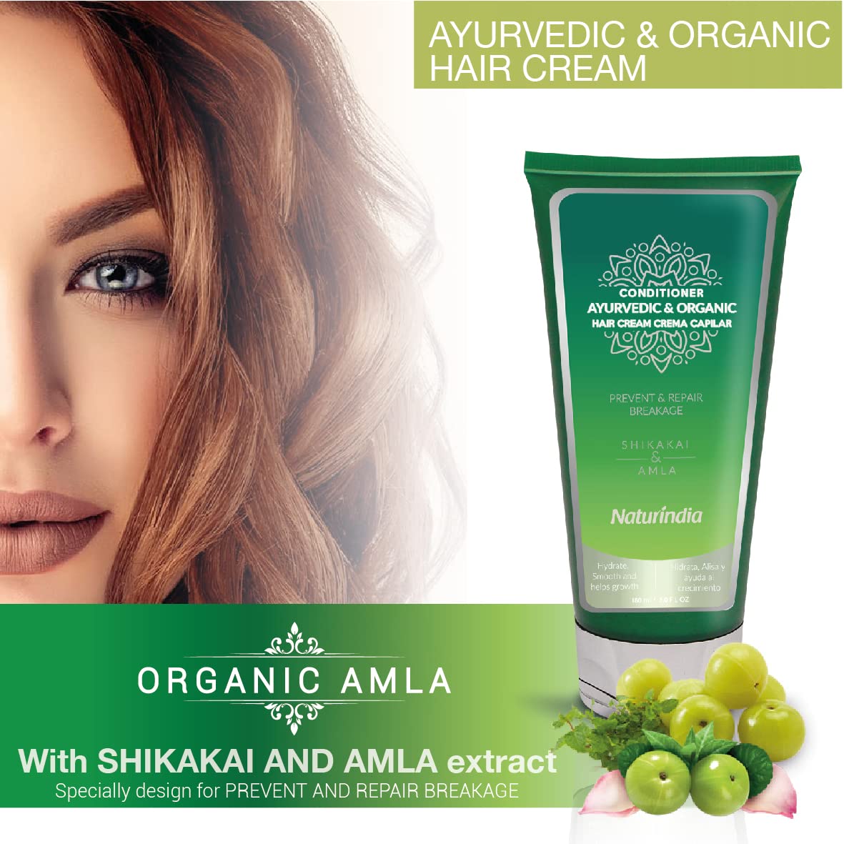 Naturindia Ayurvedic Organic Conditioner for Hair Growth, Regeneration of hair loss with ALOE SHIKAKAI and AMLA plants For Women and Men 6oz