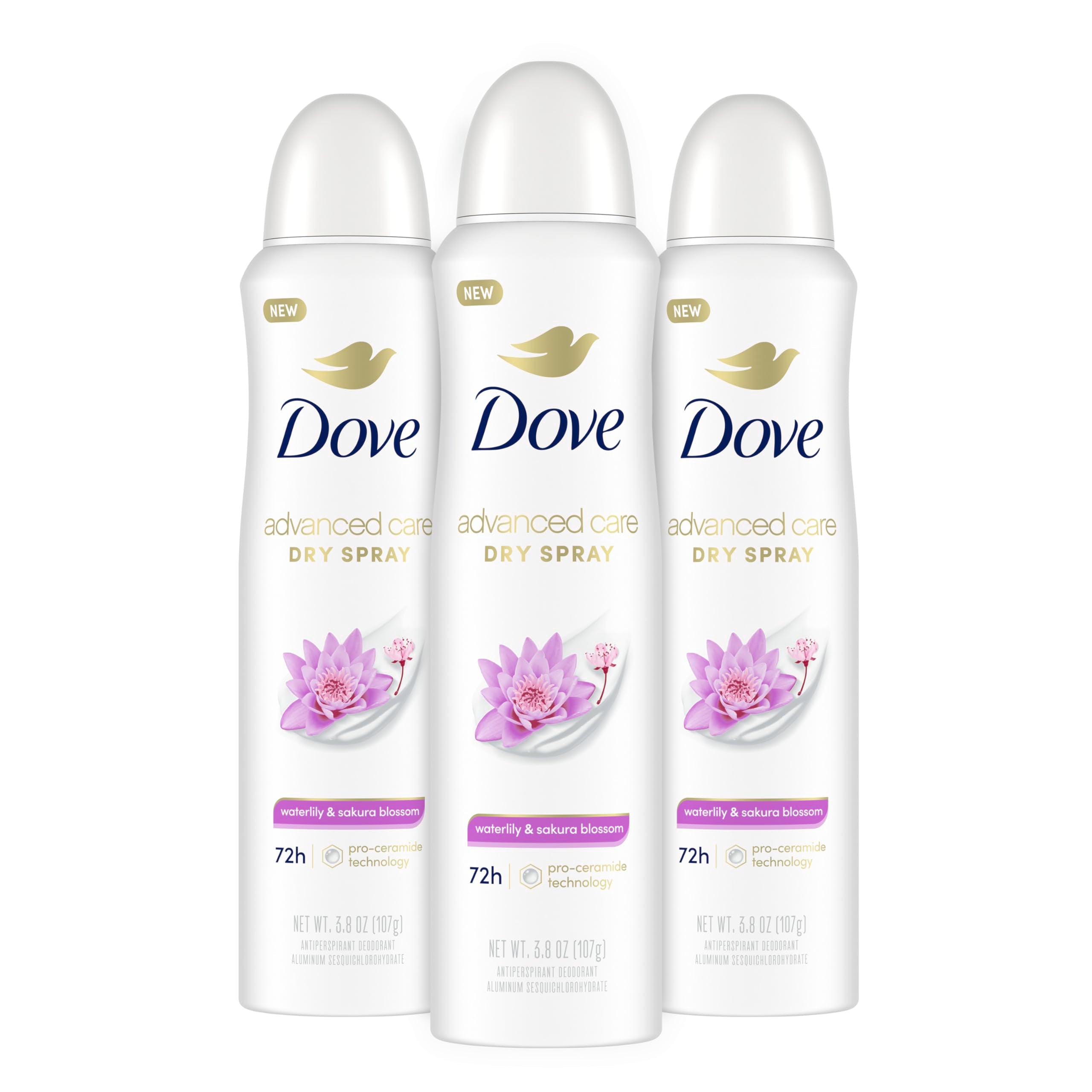 Dove Nourishing Secrets Dry Spray Antiperspirant Deodorant for Women Waterlily Sakura Blossom 48 Hour Sweat Odor Protection 3.8 oz 3 Count, 11.4 Ounce