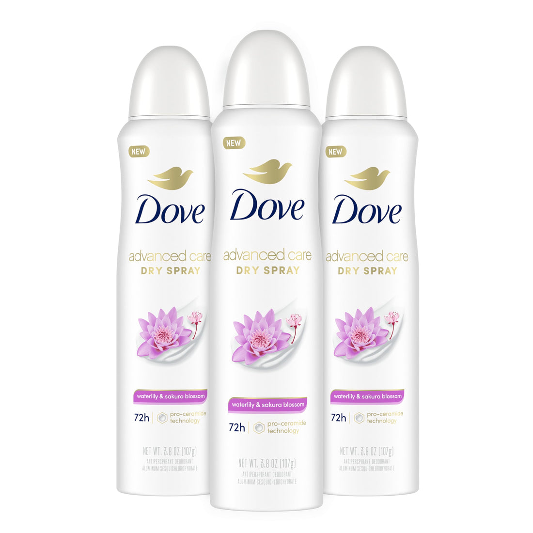 Dove Nourishing Secrets Dry Spray Antiperspirant Deodorant for Women Waterlily Sakura Blossom 48 Hour Sweat Odor Protection 3.8 oz 3 Count, 11.4 Ounce
