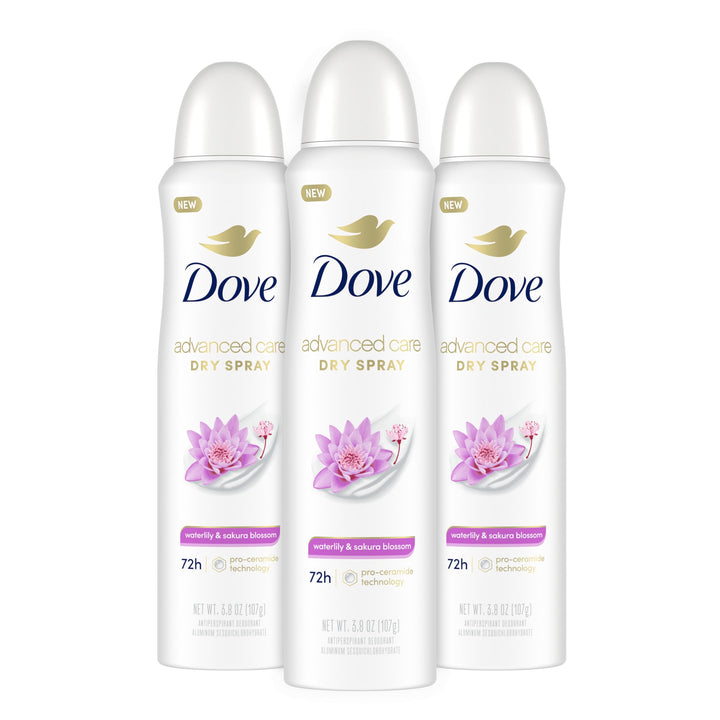 Dove Nourishing Secrets Dry Spray Antiperspirant Deodorant for Women Waterlily Sakura Blossom 48 Hour Sweat Odor Protection 3.8 oz 3 Count, 11.4 Ounce