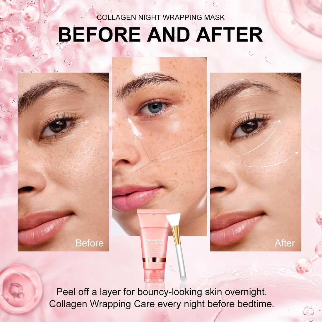 Collagen Overnight Wrapping Peel Off Face Mask Collagen Face Mask Overnight-Deep Hydration Care, Reduce Sagging & Dullness for Glowing Skin 2.65 fl.oz Collagen Night Wrapping Mask (1PCS)