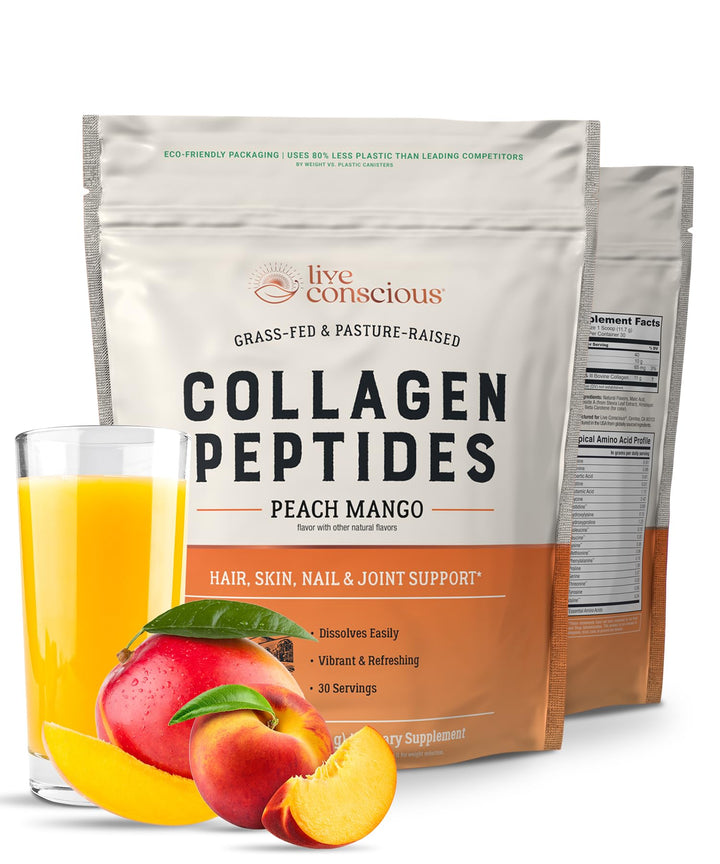 Live Conscious Collagen Peptides Powder - Peach Mango Flavored Collagen Powder - Hair, Skin, Nail, & Joint Support - Type I & III Grass-Fed Collagen Supplements for Women and Men - 30 Serving - 12.4oz
