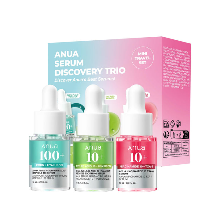 Anua Serum Discovery Trio, Mini Face Serum Travel Size Kit with Hyaluronic Acid, Niacinamide & Azelaic Acid, Hydrating Soothing Gift Set for Women, Korean Skincare Set -10ml/0.33fl.oz × 3EA