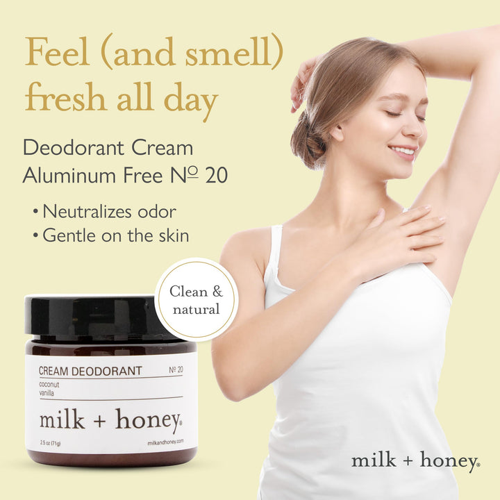 milk + honey Cream Deodorant No. 20, Aluminum Free Deodorant with Coconut and Vanilla, Natural Deodorant for Men and Women, for All Skin Types, 2.5 Oz