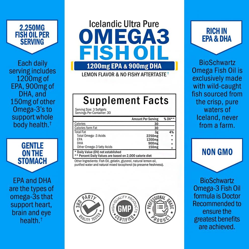 Triple Strength Omega 3 Fish Oil Supplement - 2250mg EPA DHA Omega 3 Fatty Acids from Fresh Wild Caught Fish, Supports Joint, Eyes, Brain Health - Burpless Lemon Flavor, Gluten Free, 90 Softgels