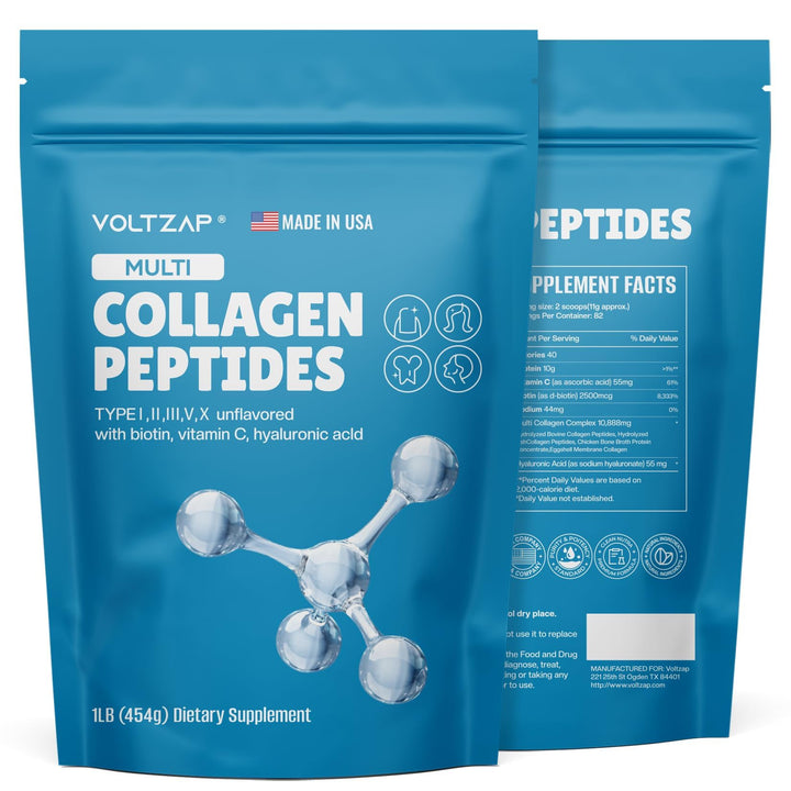 VOLTZAP Multi Collagen Peptides Powder, Type I,II,III,V,X, Biotin & Vitamin C, Natural Supplement for Healthy Skin, Hair, Nails, Joints - Unflavored