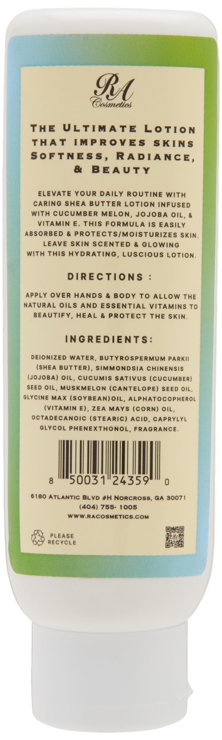 RA COSMETICS Shea Butter Body Lotion with Cucumber Melon & Jojoba Oil Hand & Body Moisturizer with Vitamin E 6 oz