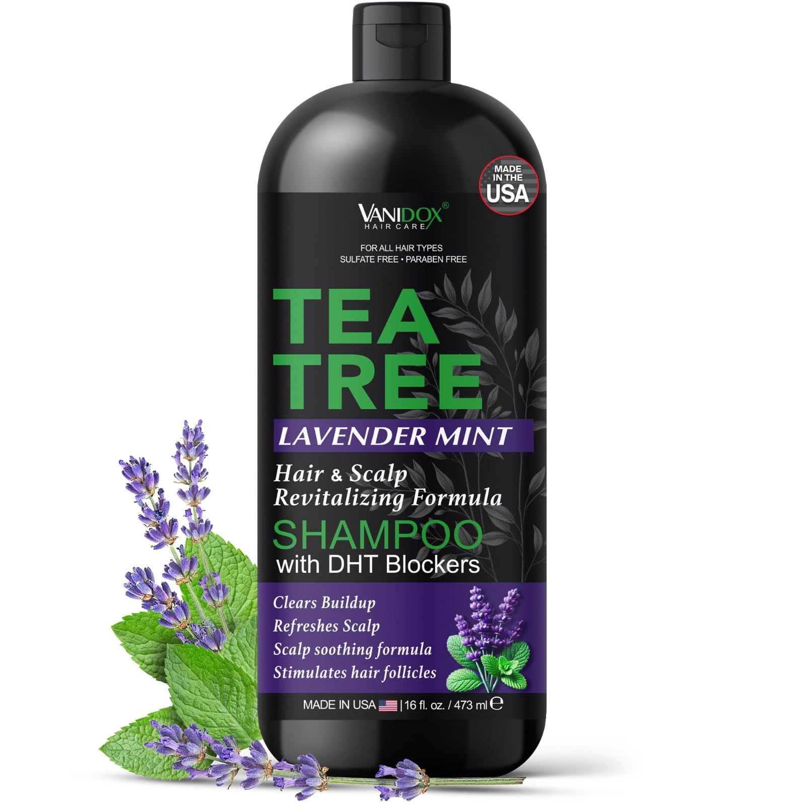 VANIDOX Tea Tree Lavender Mint Shampoo with 100% Pure Tea Tree Oil for Itchy, Dry Scalp - Deep Moisturizing & Cleansing - Sulfate & Paraben Free - Made in USA - 16 fl oz