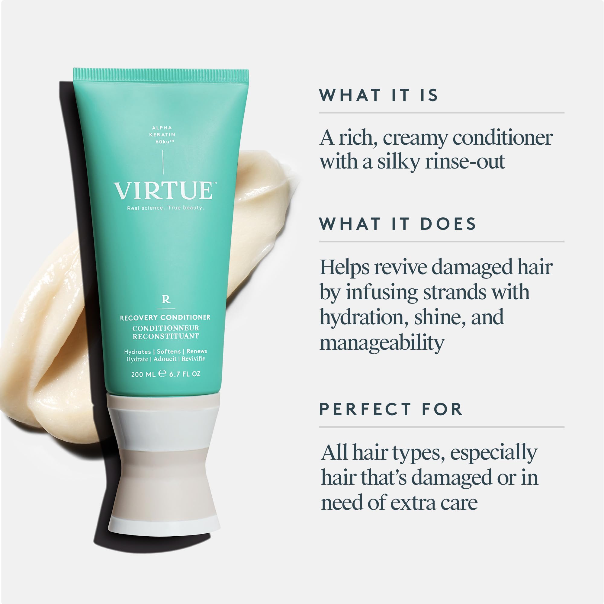 VIRTUE Recovery Conditioner 6.7 FL OZ | Alpha Keratin Hydrates, Softens, Renews Hair | Sulfate Free, Paraben Free, Color Safe