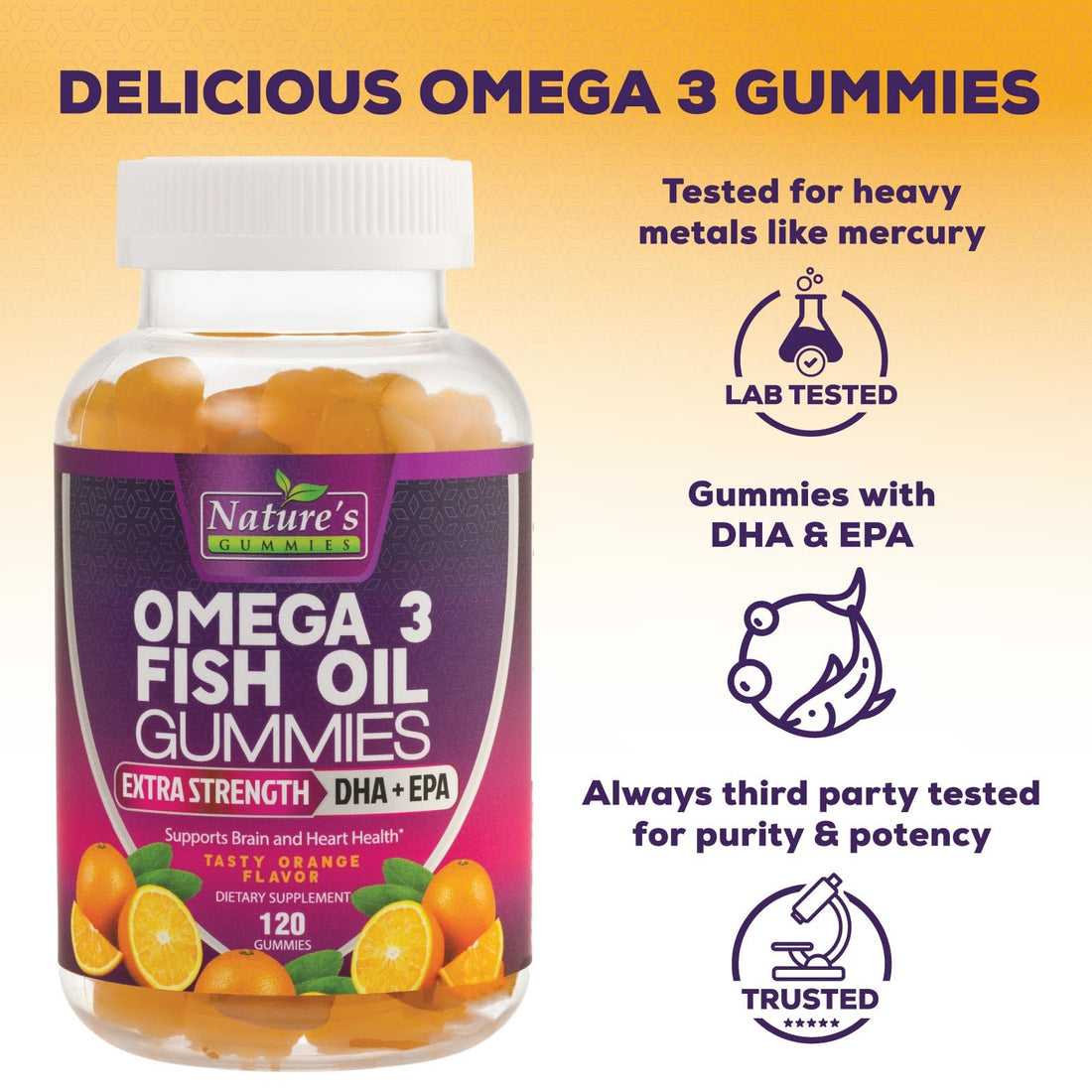 Omega Fish Oil Gummies - Delicious Orange Flavor Fish Oil Omega 3 Supplements with Heart Healthy EPA & DHA Fatty Acids for Heart, Joint & Brain Support - Omega 3 Fish Oil Gummy Vitamins - 120 Gummies
