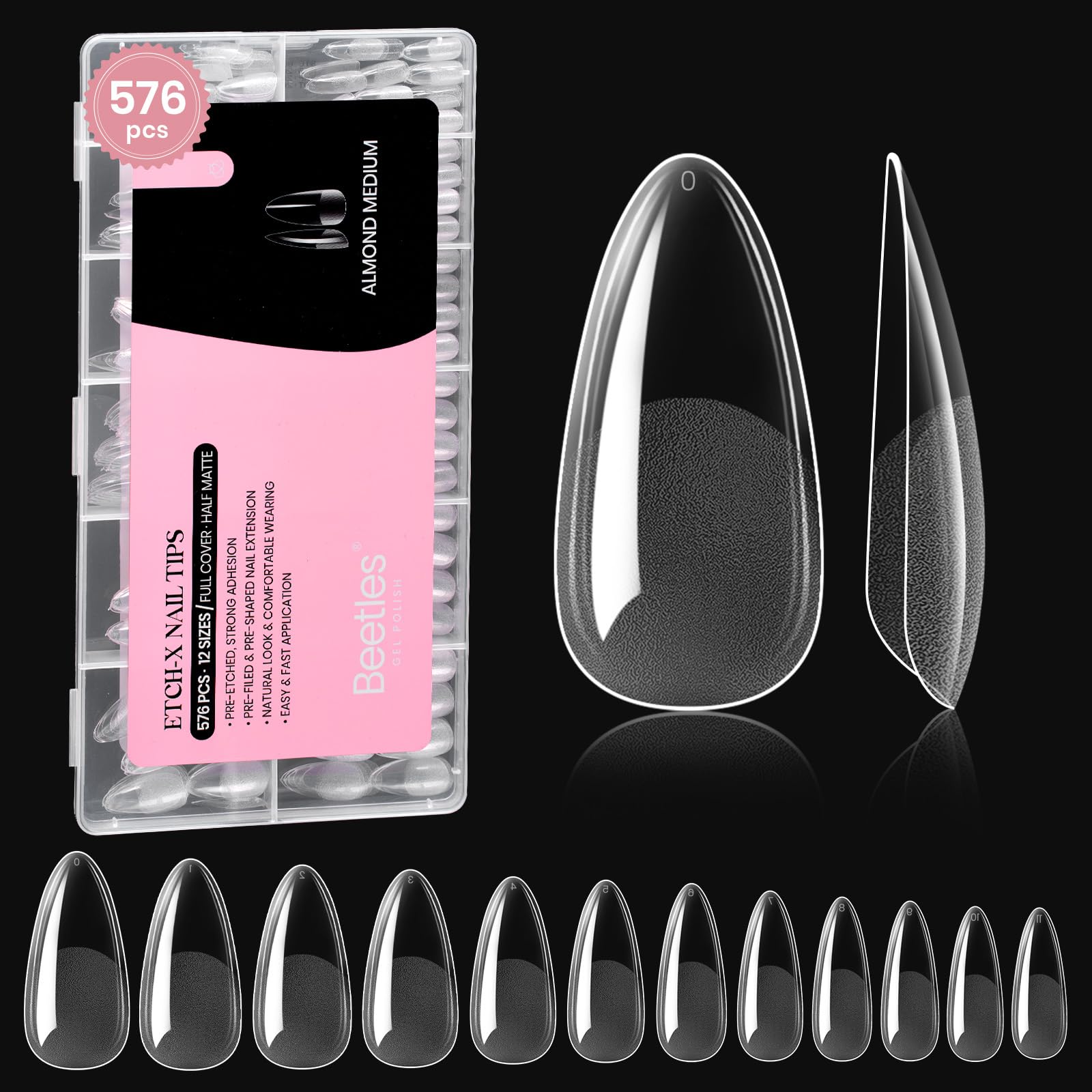 Beetles Medium Almond Nail Tips 576pcs 12 Sizes, Pre-Etched Soft Gel Nail Tips Half Matte Full Cover False Nail Tips Clear Acrylic Nails Glue on Nails DIY Nail Extension Gift for Women