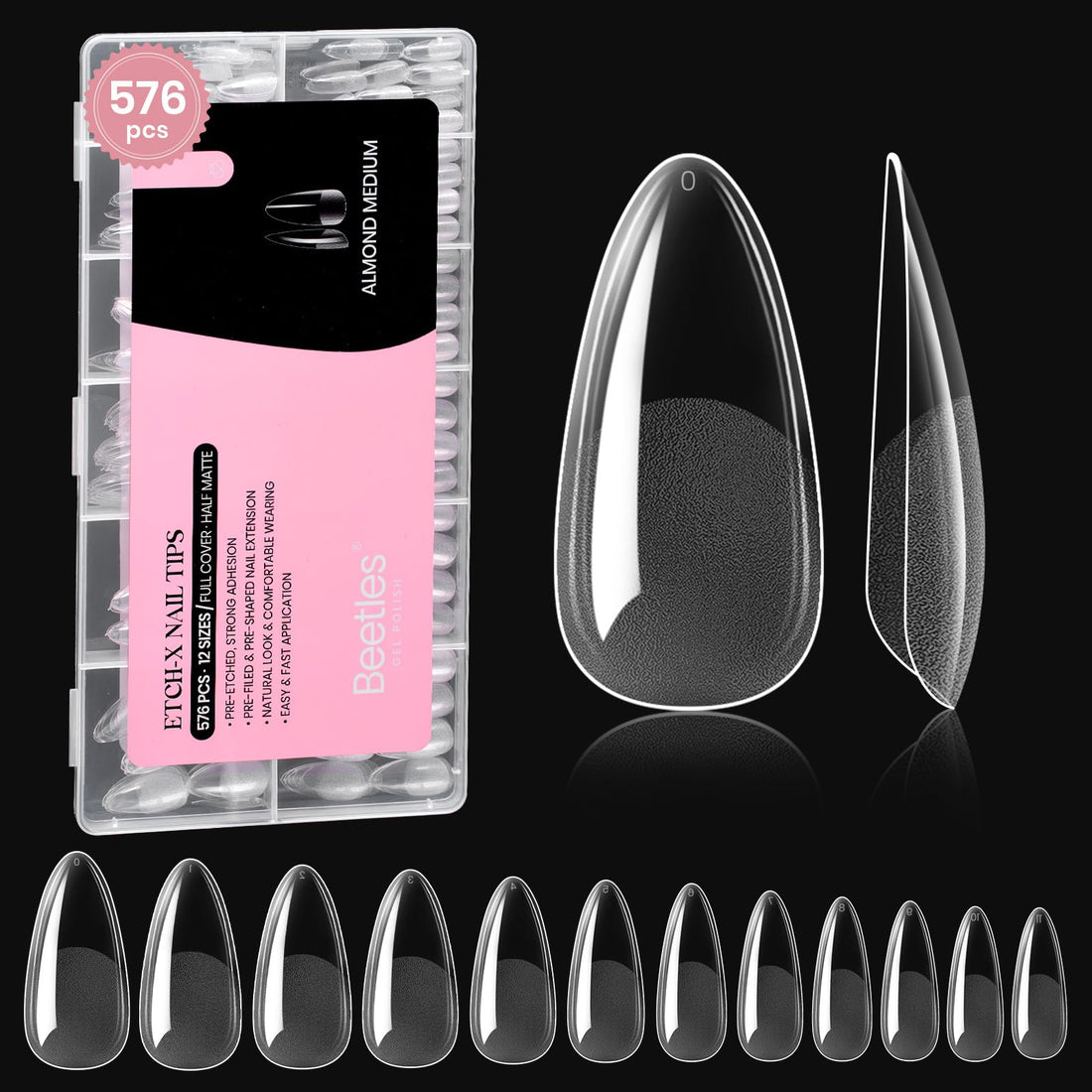 Beetles Medium Almond Nail Tips 576pcs 12 Sizes, Pre-Etched Soft Gel Nail Tips Half Matte Full Cover False Nail Tips Clear Acrylic Nails Glue on Nails DIY Nail Extension Gift for Women
