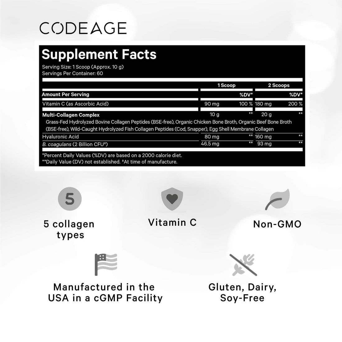 Codeage Multi Collagen Peptides + Probiotics Black Edition, Vitamin C, Hyaluronic Acid Powder Supplement, Grass-Fed, Pasture-Raised, Hydrolyzed, Zero Carbs, Type I, II, III, V & X, Unflavored, 21oz