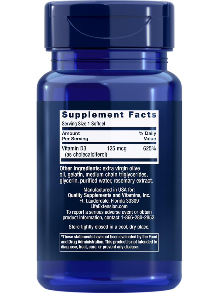 Life Extension Vitamin D3 125 mcg (5000 IU), Bone Health, Brain Performance, Immune System Support, Gluten-free, Non-GMO, Once Daily, Two-month Supply, 60 Softgels