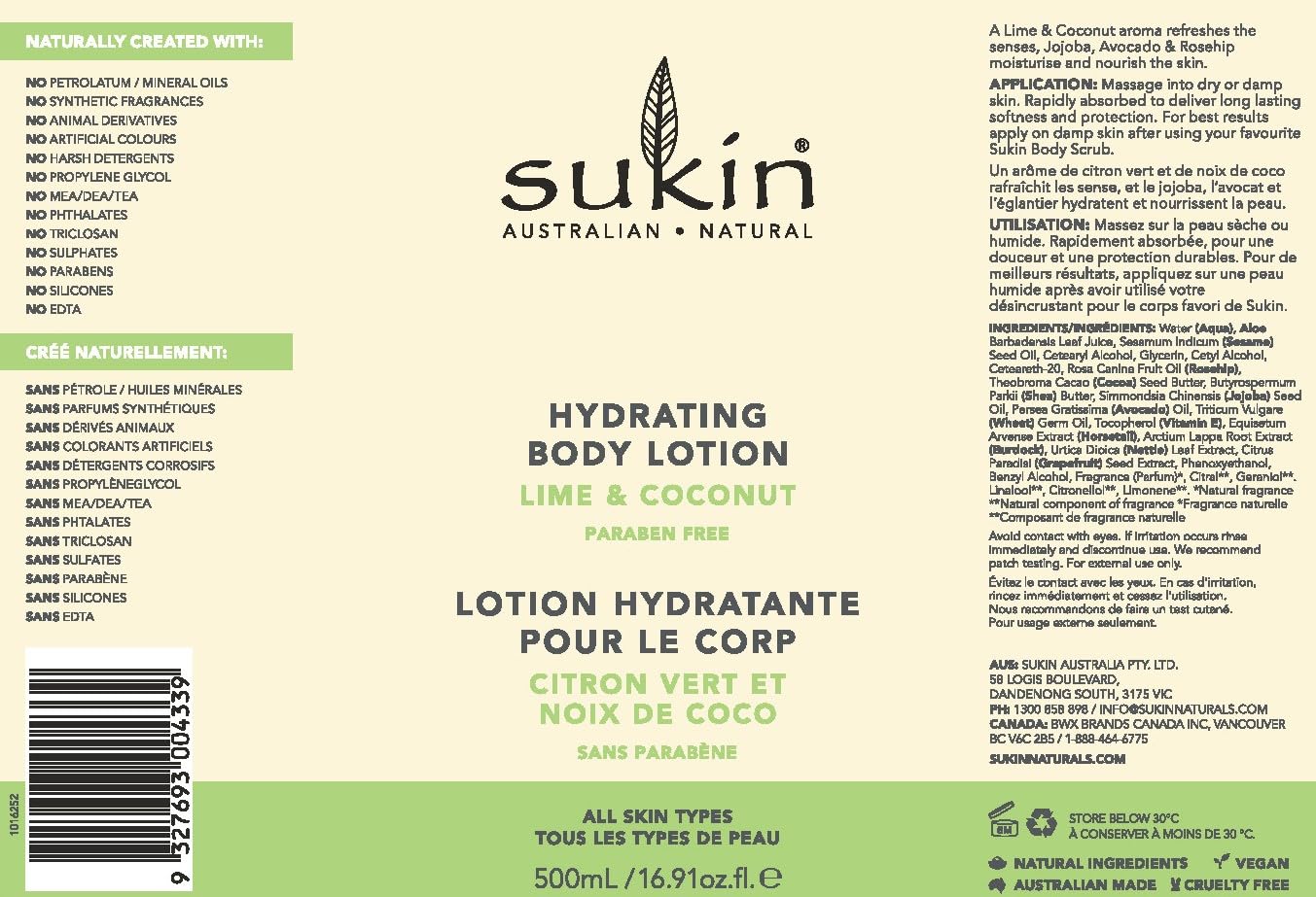 Sukin Hydrating Body Lotion Lime & Coconut 500Ml