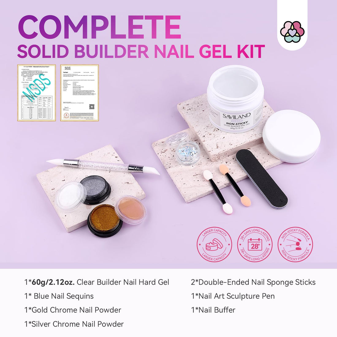 SAVILAND Solid Builder Nail Gel - 60g Large Capacity 3D Nail Gels Sculpting Gel for Art Non-Sticky Hand Carving Glue Extension with Sequins Chrome Powder DIY Salon Home