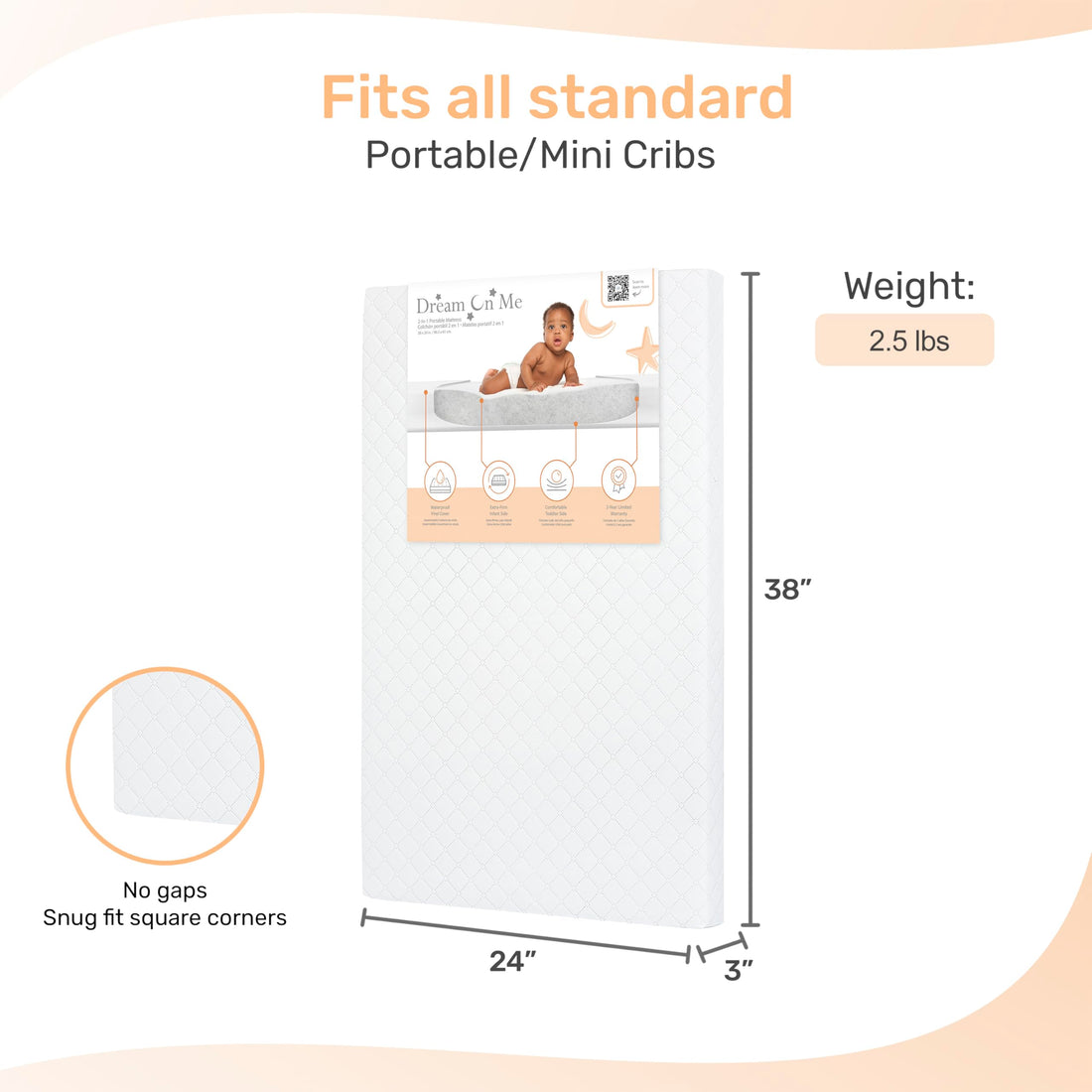 Dream On Me Sunset 3” Fiber Baby Crib Mattress, Fits All Mini & Portable Cribs Only, Greenguard Gold and JPMA Certified Crib Mattress, Easy to Clean and Waterproof Vinyl Cover