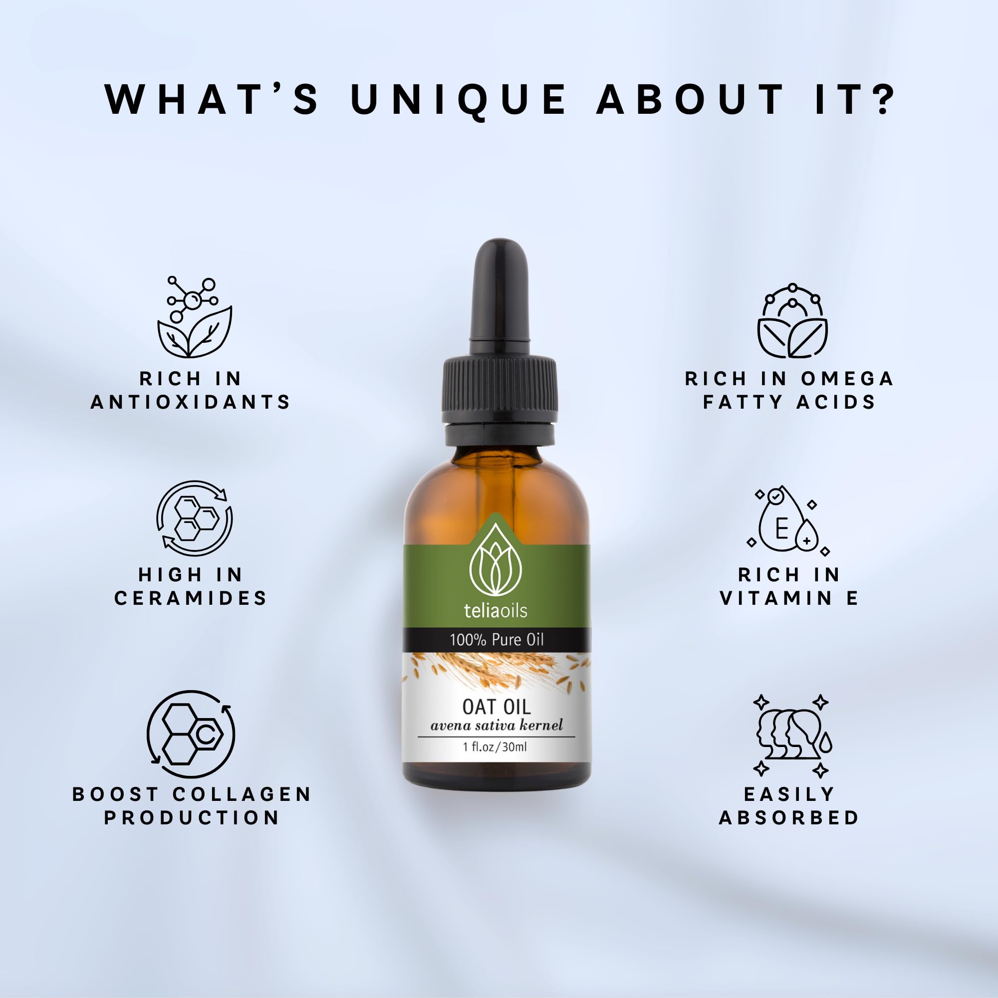 Teliaoils Oat Oil – Avena Sativa Kernel Oil – 100% Pure, Non-GMO, Vegan, Cold-Pressed, Soothing and Hydrating for Natural Skin and Hair Care 1 fl oz