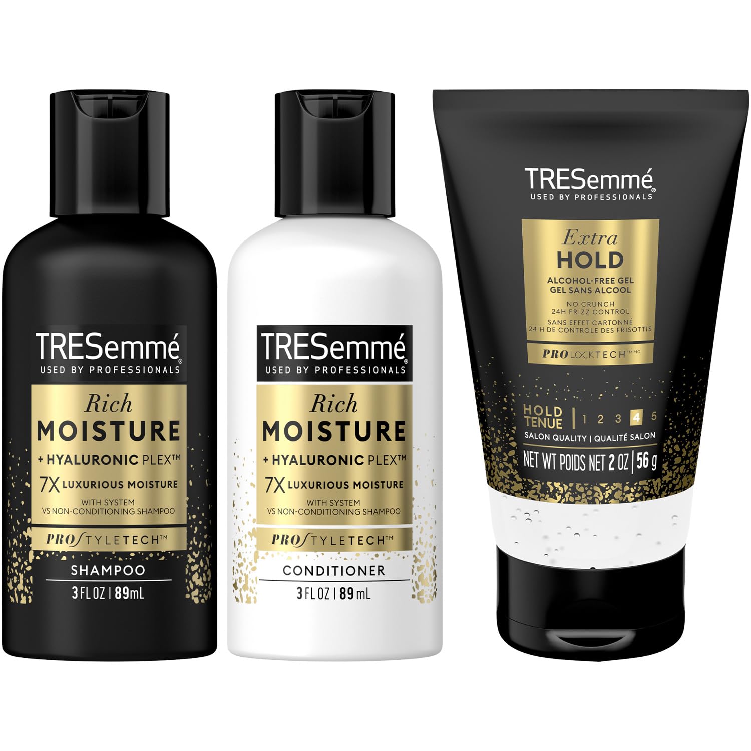 TRESemmé Travel Shampoo, Conditioner & Hair Gel – Rich Moisture Hair Products + Alcohol-Free Styling Gel, 24H Frizz Control (3 Piece Set)