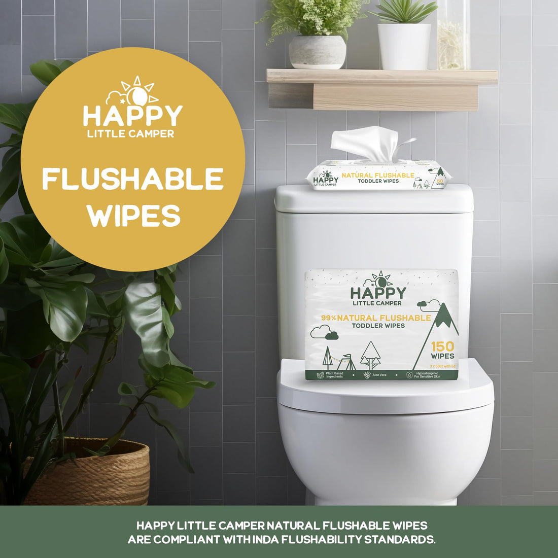 Happy Little Camper Flushable Baby Wipes with Organic Aloe, Septic Safe, 50 Count