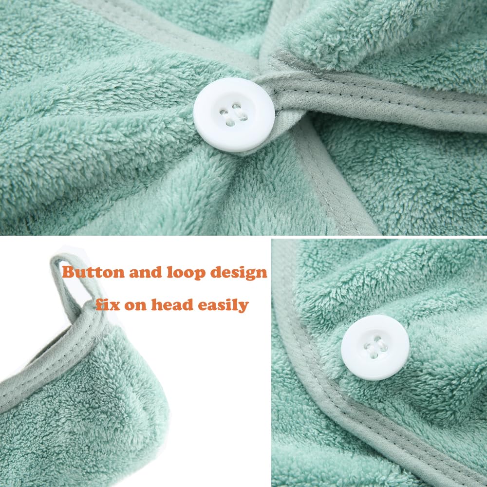 M-bestl 2 Pack Microfiber Hair Towel Wrap,Hair Drying Towel with Button, Hair Towel Turban,Head Towel to Dry Hair Quickly (Green&Green)