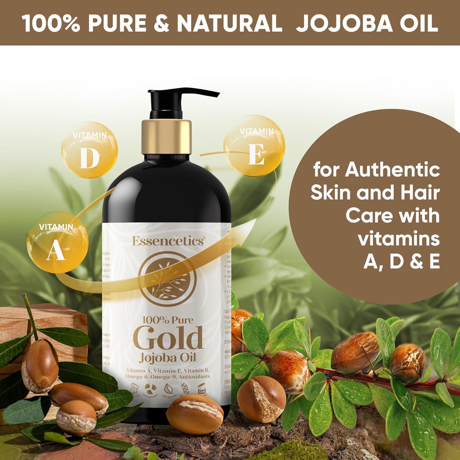 Essencetics Organic Jojoba Oil 16 oz - 100% Pure & Natural Jojoba Massage Oil for Hair, Skin, Body, & Face - Natural Cold Pressed Unrefined - Hexane Free Massage Oil for Massage Therapy & Date Night