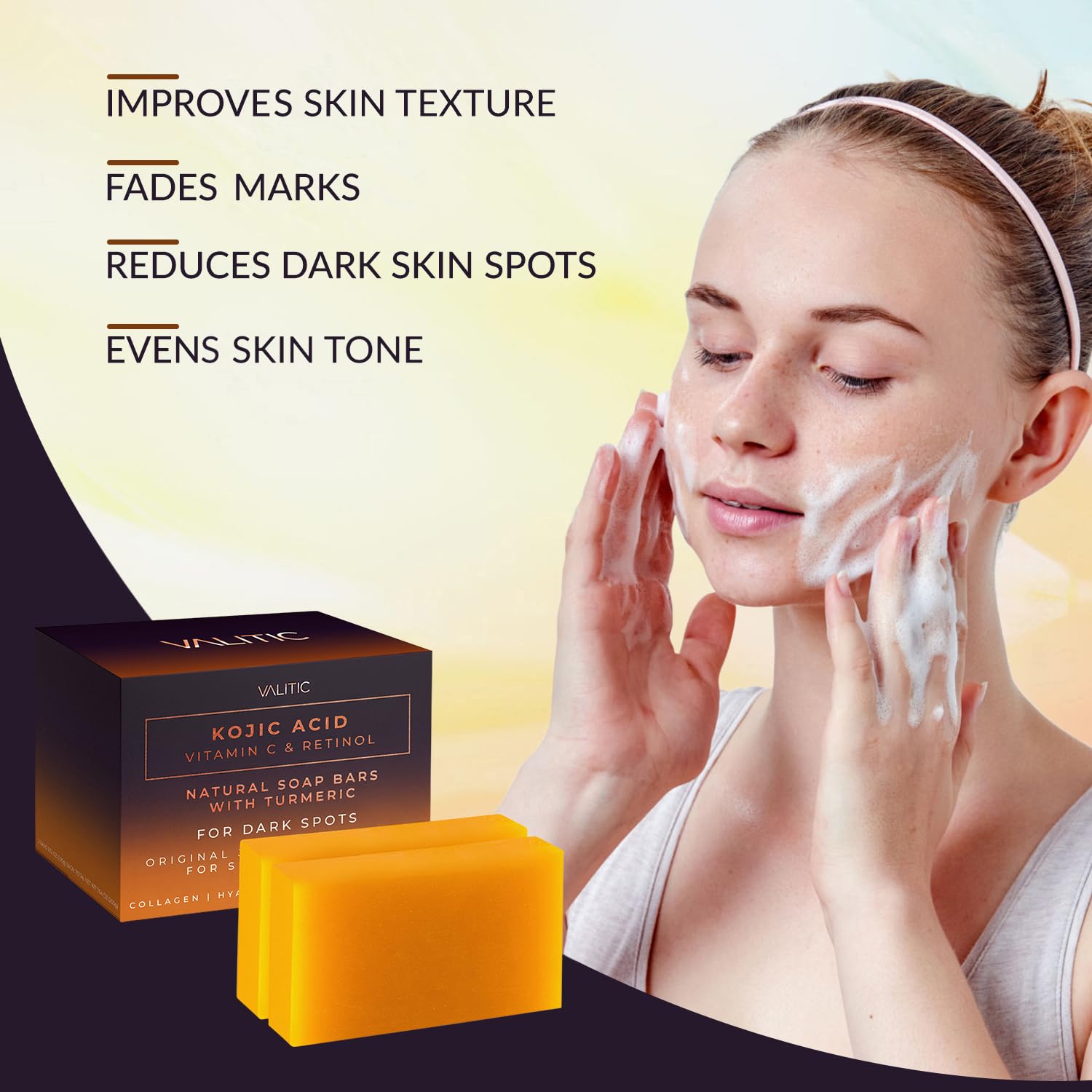 VALITIC Kojic Acid Vitamin C and Retinol Soap Bars with Turmeric for Dark Spot - Original Japanese Complex Infusedwith Collagen, Hyaluronic Acid, Vitamin E (2 Pack) - With Scrub Bag