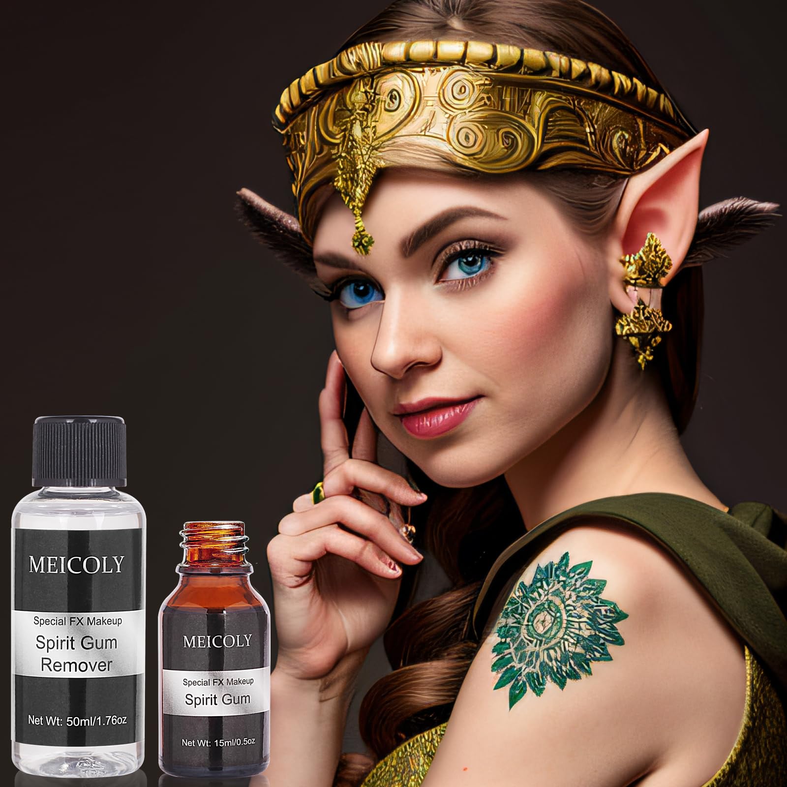 MEICOLY Spirit Gum Adhesive and Remover Combo Kit,0.5OZ Spirit Gum+1.76OZ Remover,Prosthetic Bald Cap Adhesive Glue,Face Skin Glue for Costume,Pro Makeup Glue Adhesive for Face Body Mustache Beard