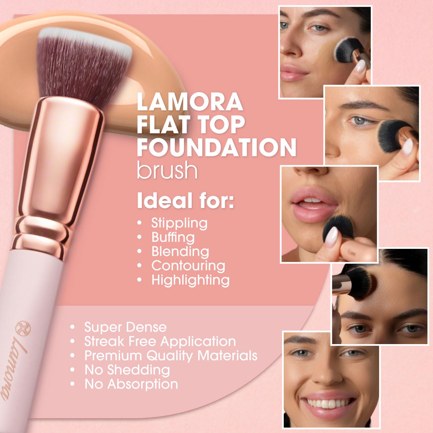 Foundation Makeup Brush Flat Top Kabuki for Face - Perfect For Blending Liquid, Cream or Flawless Powder Cosmetics - Buffing, Stippling, Concealer - Premium Quality Synthetic Dense Bristles!