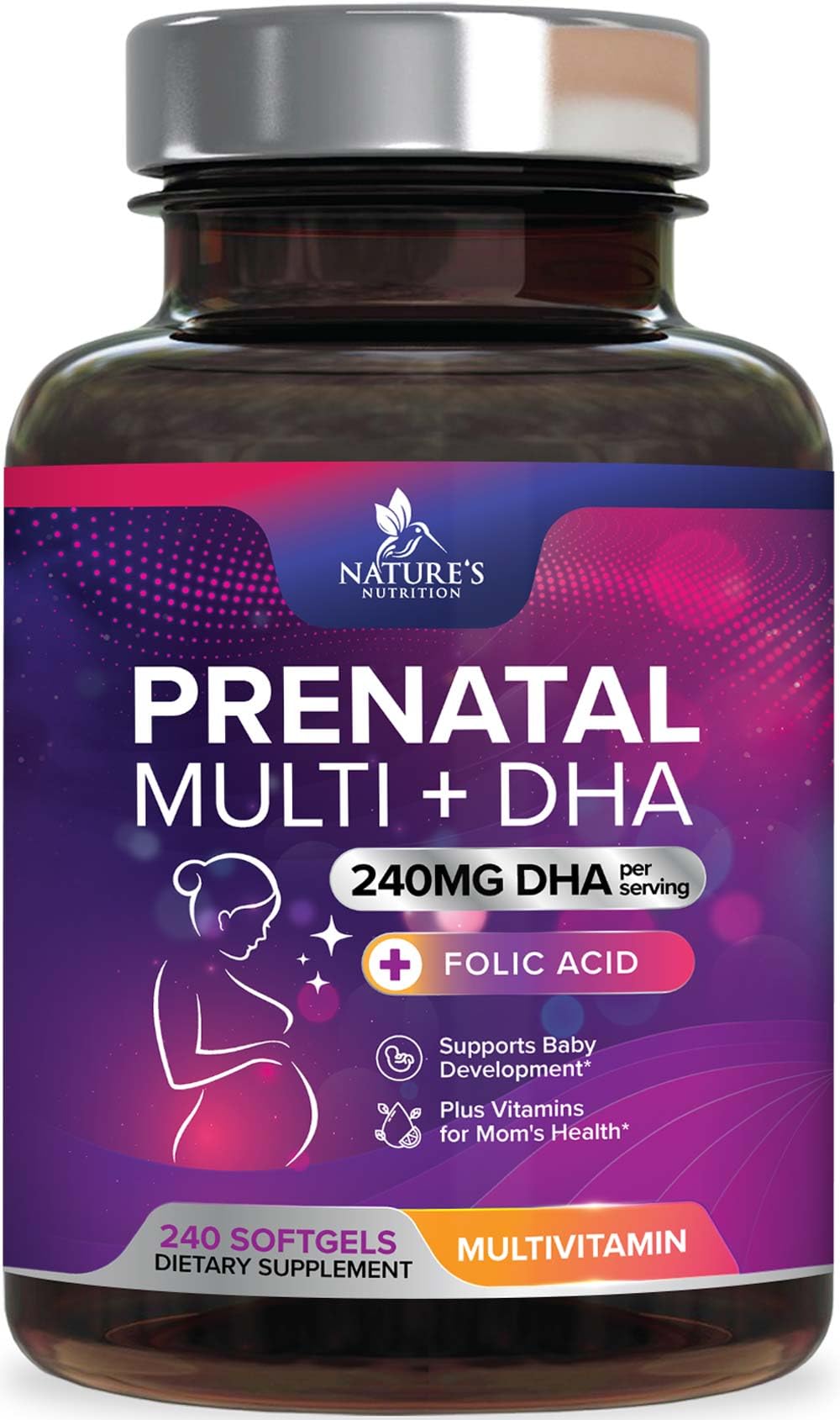 Women's Prenatal Multivitamin with Folic Acid + DHA, Prenatal Vitamin Supplement for Fetal Support w/Folate, Omega 3, Vitamins D3, B6, B12 & Iron, Pregnancy Prenatal DHA, Non-GMO - 240 Softgels