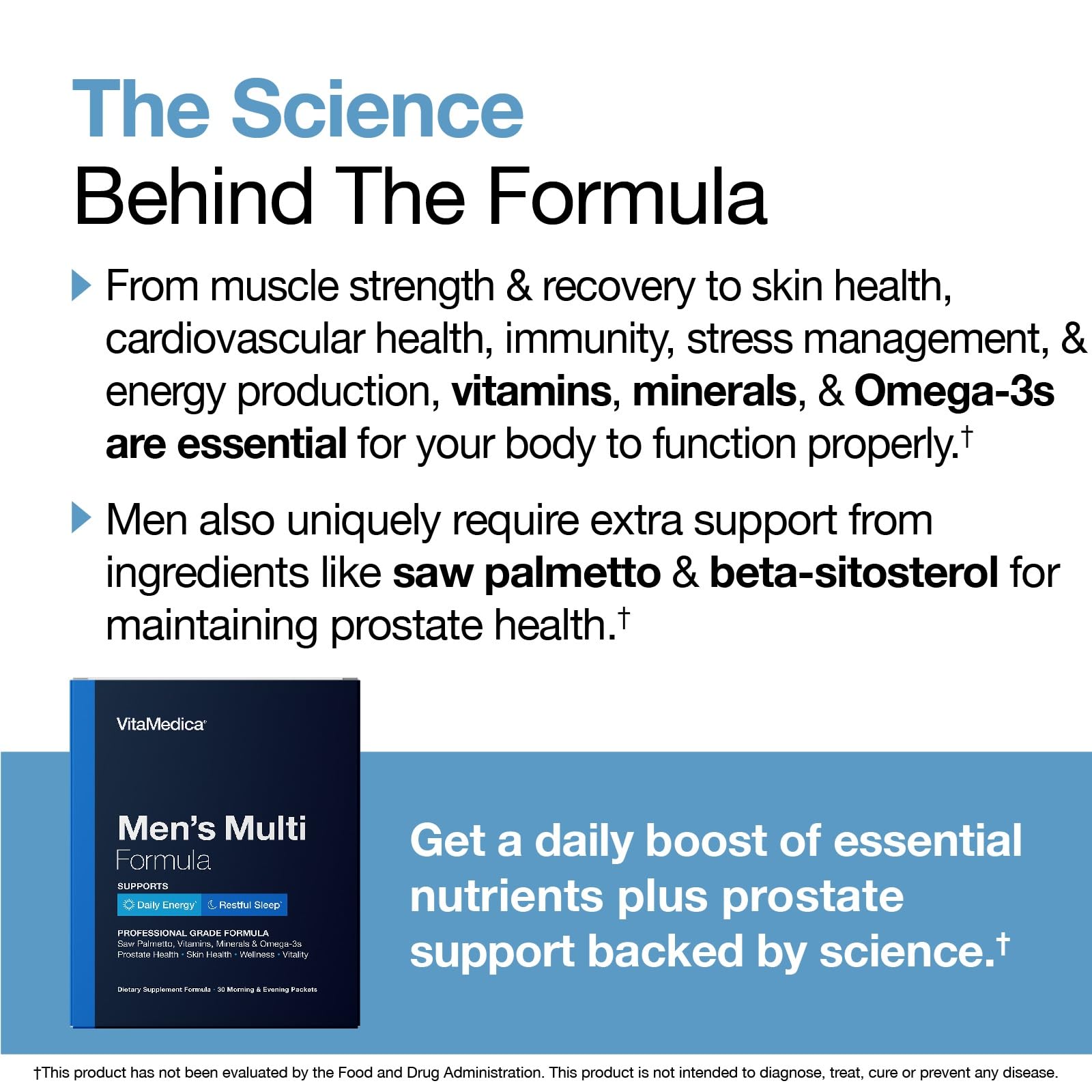 VitaMedica Men’s Multivitamin with Prostate Health Support | Vitamins, Minerals, Omega3s and Saw Palmetto | Box of 30 Easy Daily Packs | Supports Natural Energy and Sleep | Muscle, Joint Health