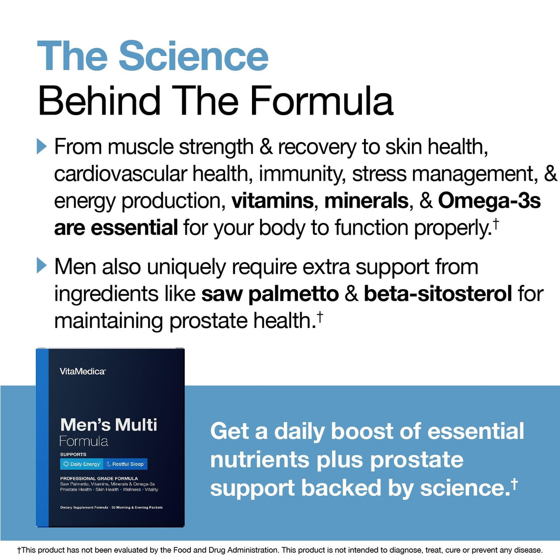 VitaMedica Men’s Multivitamin with Prostate Health Support | Vitamins, Minerals, Omega3s and Saw Palmetto | Box of 30 Easy Daily Packs | Supports Natural Energy and Sleep | Muscle, Joint Health