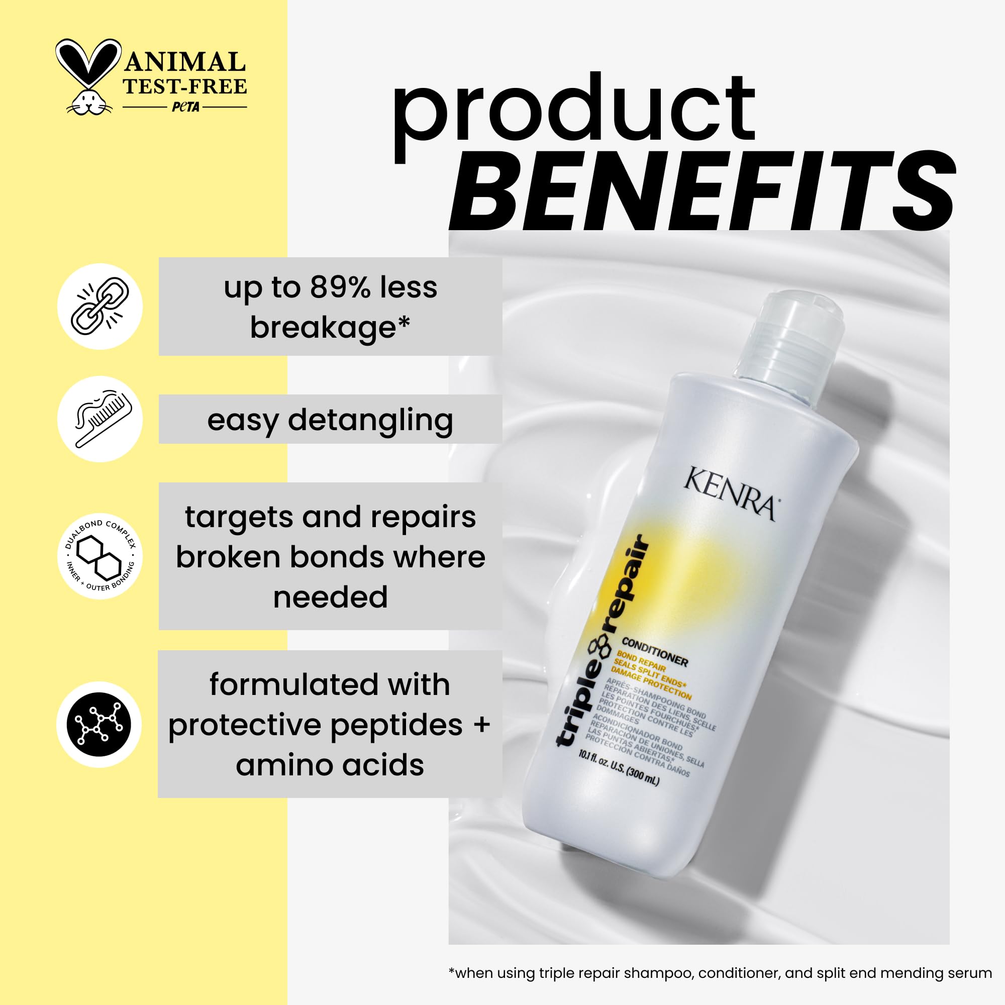 Kenra Triple Repair Conditioner | Targets & Repairs Weak or Broken Bonds | Split Ends | Damaged Hair | Bond Builder | Sulfate-Free | 10.1 fl. oz.