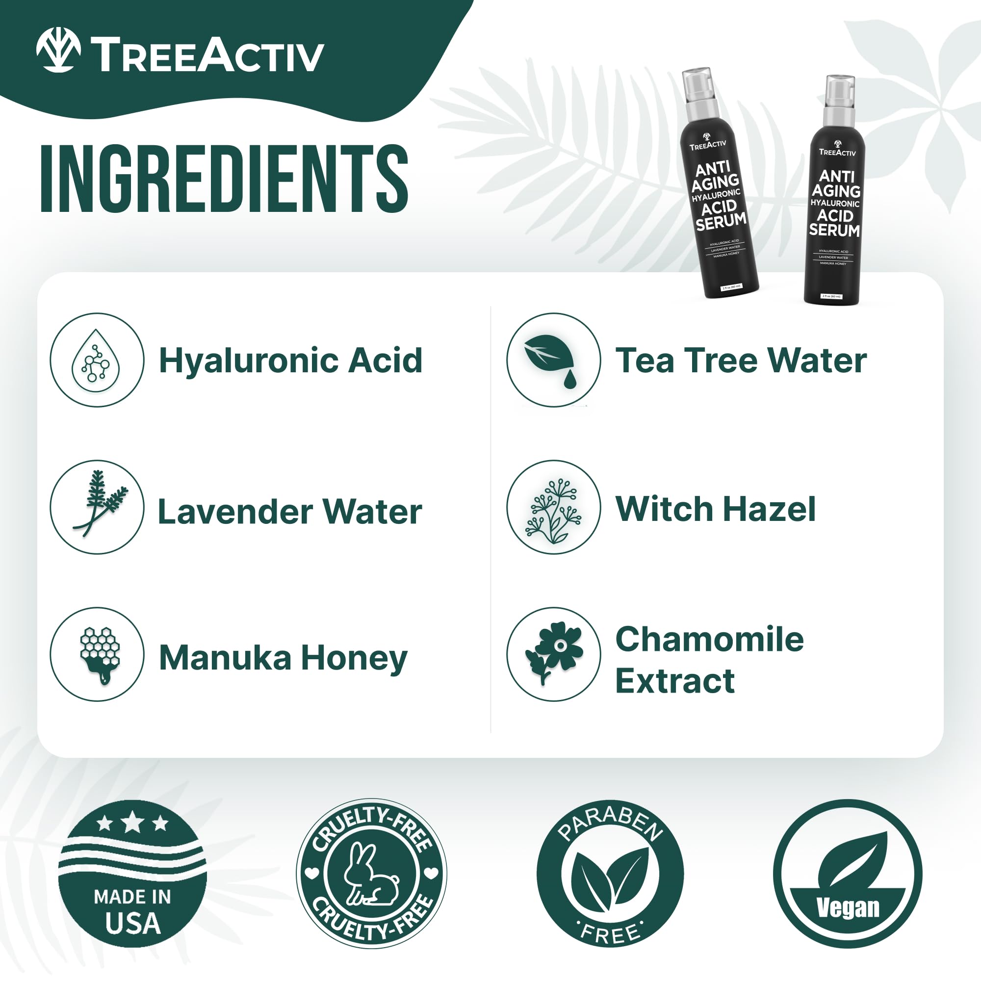 Anti-Aging Hyaluronic Acid Serum for Face 2 oz, Hydrating Wrinkle Repair Serum for Skin Care, Pure Hyaluronic Acid Face Serum for Women, Oil-Free Anti-Aging Serum for Advanced Skin Repair TreeActiv