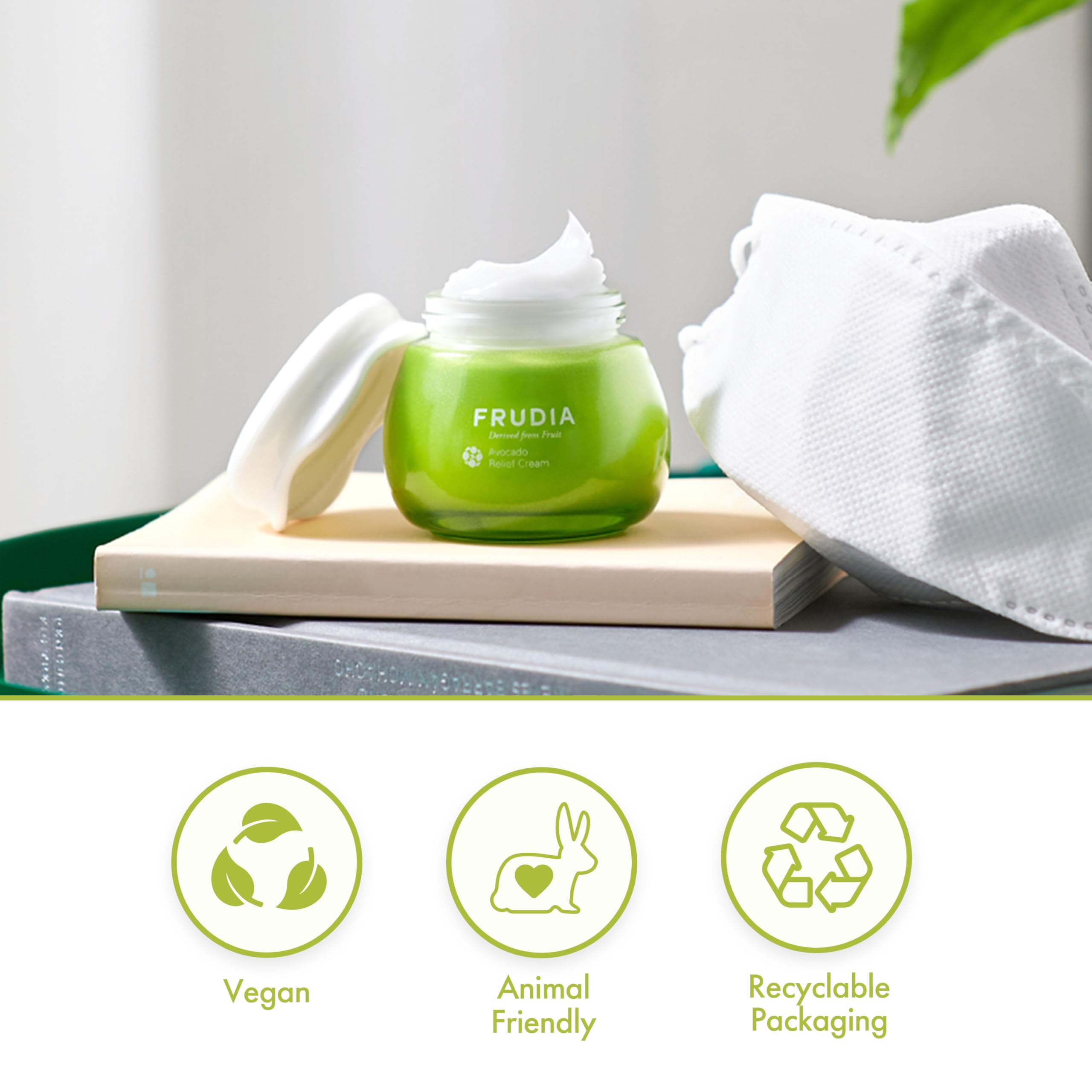 FRUDIA Avocado Relief Face Cream, Calming Korean Face Moisturizer w/62% Avocado Extract, Centella Asiatica & MadecassosideX4 for Dry, Sensitive Skin (1.94 fl oz)