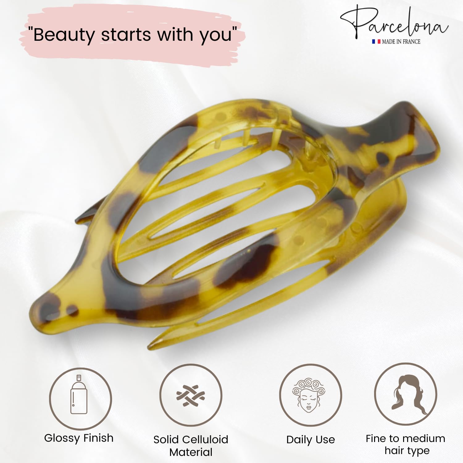 Parcelona France Wide Beak Celluloid Light Tortoise Shell Side Slide In Hair Claw Clip Clamp Clutcher (Light Shell)