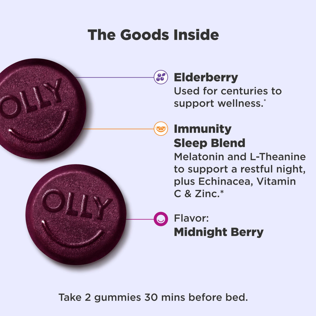 OLLY Immunity Sleep Gummy, Immune and Sleep Support, 3mg Melatonin, Echinacea, Zinc, Vitamin C, Chewable Supplement, Berry - 60 Count