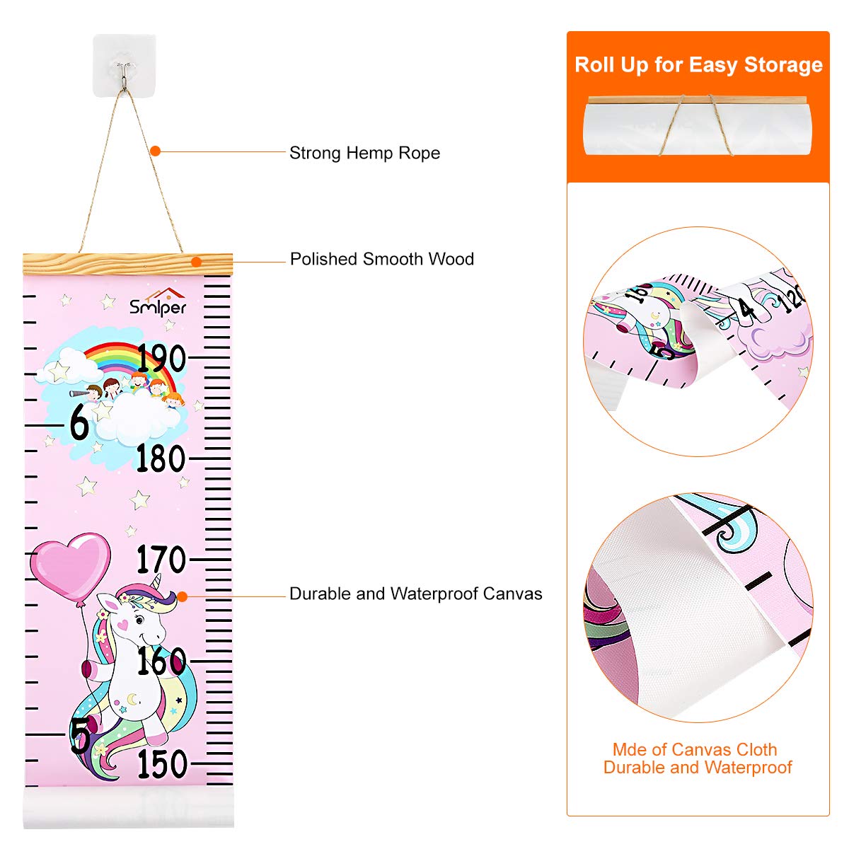 Smlper Growth Chart for Kids,Child Height Chart Ruler for Wall,Wood Frame Fabric Canvas Height Measurement Ruler for Kids Nursery Room,Removable Wall Decor 79x7.9